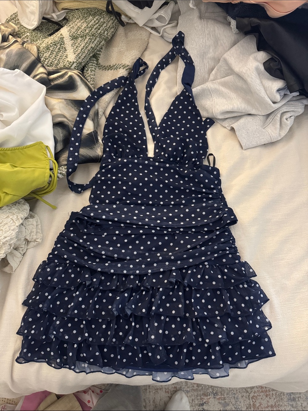 Navy Polka Dot Halter Ruffle Matching Set
